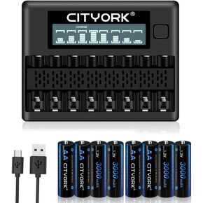 8 Bay AAA AA Smart LCD Independent Slot Battery Charger with 8 Pack 1.2V AA 3000mAh Rechargeable AA Batteries High Capacity Low Self Discharge 1.2v Ni-MH AA Batteries, Fast Charging