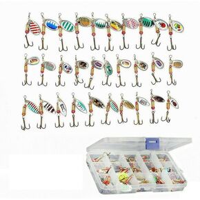 30pcs Fishing Lure Spinnerbait, Bass Trout Salmon Hard Metal Spinner Baits Kit with Tackle Boxes