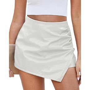 Vetinee Faux Leather Skorts for Woman High Waisted Pull On Shorts Elastic Waist Ruched Wrap Asymmetrical Skorts Skirts