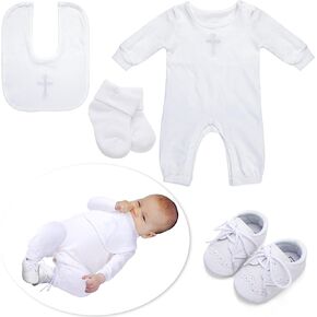 5 Pcs Baptism Outfit for Baby Boys Girls Christening Outfit Socks Shoes First Communion for Infant Toddler, 0-6month