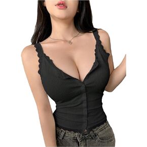 SHENHE Women's Summer Lace Ribbed Knit Button Front Cami Crop Top Sexy Camisole