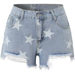 شورت نسائي قصير من قماش الدنيم ذو خصر مرتفع وطباعة نجوم، شورت صيفي كاجوال لطيف من قماش الدنيم الممزق in Kuwait