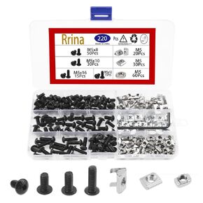 220Pcs M5 T-Nuts Screws Assortment Kit, M5x8/10/12/16 & 3 Different Styles Nuts for 2020 Series European Standard Aluminum Profile