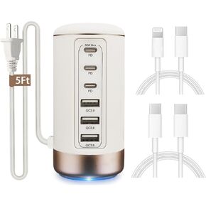 USB C and USB Multiport Tower Charger, 60W 6 Port Charging Hub with 2 Cables for Multiple Devices – Intelligent Charging Station for Home and Office Use