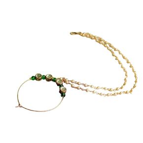 Handmade Indian Tradtional Nath With Hair Chain Golden Pierce Nose Ring With Hair Chain Designer Bridal Jewelry Nathani Stylish Nose Ring (Flower Power With Kundan)