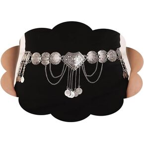 Antique Silver Women Chain Dress Belt Vintage Waist Chain Belt Long Tassel Chain Coin Pendent Belly Belt Body Chains Jewelry Accessories for Women and Girls (Silver)