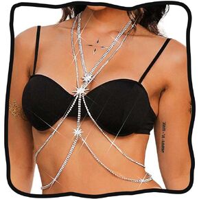 Rhinestone Body Chain Jewelry Silver Sparkly Crystal Star Chest Chain Summer Beach Bikini Chain for Women