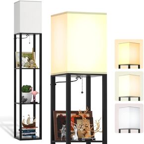 PAZZO Floor Lamp with Shelves, Shelf Floor Lamps by Solid Wood with 2 Charging Ports and 1 Power Outlet, Floor Lamps for Bedrooms, Lamps for Living Room, Brown Color