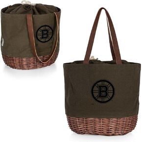 PICNIC TIME NHL Boston Bruins Coronado Canvas and Willow Basket Tote, Picnic Tote Bag, Beach Tote, (Khaki Green with Beige Accents)