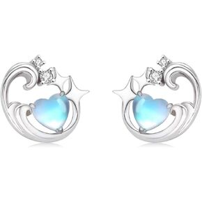 Stud Earrings Heart Earrings S925 Sterling Silver Wave Cute Earrings Moonstone Cubic Zirconia Hypoallergenic Earrings for Women Girls Earrings Jewelry Gift