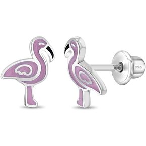 925 Sterling Silver Pink Enamel Fancy Flamingo Screw Back Earrings For Toddlers & Little Girls - Adorable & Bright Colored Zoo Animal Earrings For Young Girls - Colorful Animal Accessories For Girls