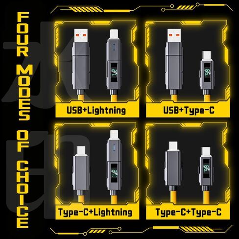 Two-Drag Two Intelligent Digital Display Silicone USB Charging Cable Five-core Fast Charge 66W, Soft Silicone Flash Charge for Type-C, Compatible with iphone15, Length 1m (Yellow.) in Saudi Arabia
