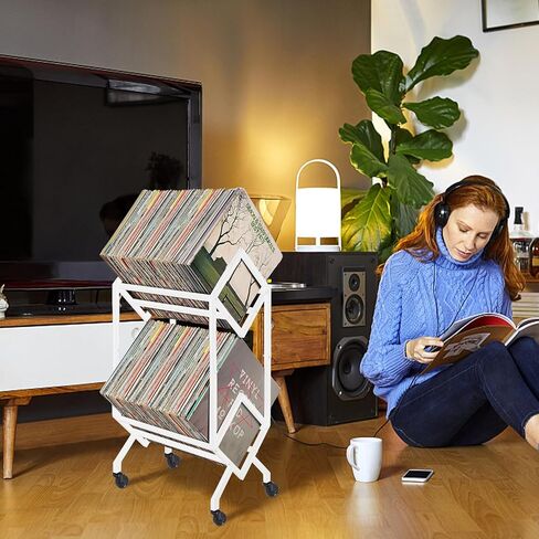 تخزين سجل الفينيل الأبيض بطبقتين مع عجلات، حامل سجل للهاتف المحمول، تخزين الألبوم لسجلات الفينيل، تخزين Lp مع عجلات حاملات مجلات بيضاء in Kuwait