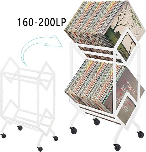 تخزين سجل الفينيل الأبيض بطبقتين مع عجلات، حامل سجل للهاتف المحمول، تخزين الألبوم لسجلات الفينيل، تخزين Lp مع عجلات حاملات مجلات بيضاء in Kuwait