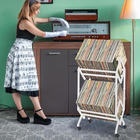 تخزين سجل الفينيل الأبيض بطبقتين مع عجلات، حامل سجل للهاتف المحمول، تخزين الألبوم لسجلات الفينيل، تخزين Lp مع عجلات حاملات مجلات بيضاء in Kuwait