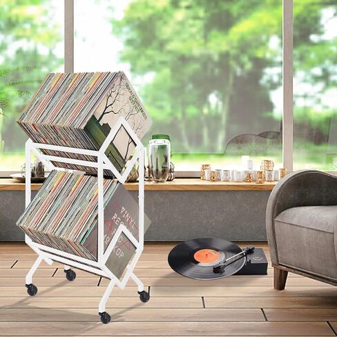 تخزين سجل الفينيل الأبيض بطبقتين مع عجلات، حامل سجل للهاتف المحمول، تخزين الألبوم لسجلات الفينيل، تخزين Lp مع عجلات حاملات مجلات بيضاء in Kuwait