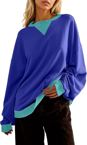 Women Oversized Color Block Long Sleeve Sweatshirt Casual Crew Neck Shirt Loose Fit Pullover Top Y2K Clothes in Saudi Arabia