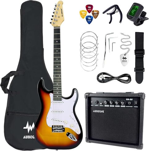 Aubegne AST-115 39 Inch Electric Guitar Kit, Black, Solid Body, Includes Amp, Gig Bag, Tuner, Capo, Strap, Strings, Picks, Cable, Tremolo Bar, Pick Necklace in Saudi Arabia