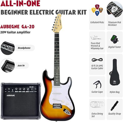 Aubegne AST-115 39 Inch Electric Guitar Kit, Black, Solid Body, Includes Amp, Gig Bag, Tuner, Capo, Strap, Strings, Picks, Cable, Tremolo Bar, Pick Necklace in Saudi Arabia