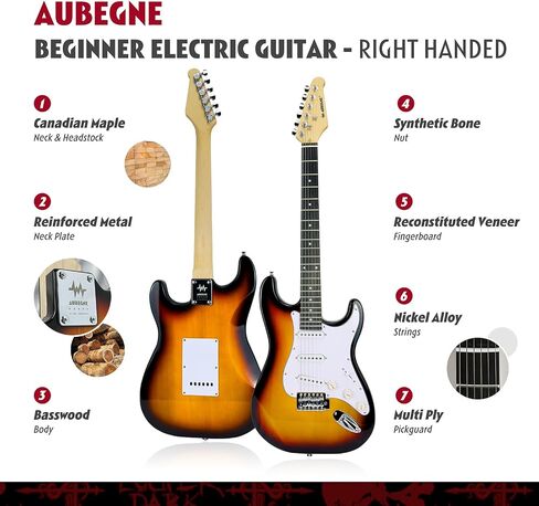 Aubegne AST-115 39 Inch Electric Guitar Kit, Black, Solid Body, Includes Amp, Gig Bag, Tuner, Capo, Strap, Strings, Picks, Cable, Tremolo Bar, Pick Necklace in Saudi Arabia