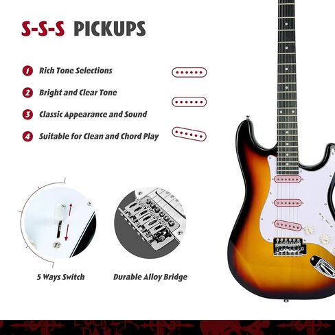 Aubegne AST-115 39 Inch Electric Guitar Kit, Black, Solid Body, Includes Amp, Gig Bag, Tuner, Capo, Strap, Strings, Picks, Cable, Tremolo Bar, Pick Necklace in Saudi Arabia