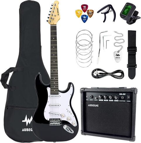 Aubegne AST-115 39 Inch Electric Guitar Kit, Black, Solid Body, Includes Amp, Gig Bag, Tuner, Capo, Strap, Strings, Picks, Cable, Tremolo Bar, Pick Necklace in Saudi Arabia