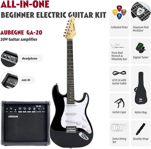 Aubegne AST-115 39 Inch Electric Guitar Kit, Black, Solid Body, Includes Amp, Gig Bag, Tuner, Capo, Strap, Strings, Picks, Cable, Tremolo Bar, Pick Necklace in Saudi Arabia
