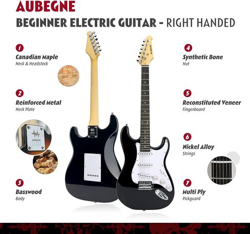 Aubegne AST-115 39 Inch Electric Guitar Kit, Black, Solid Body, Includes Amp, Gig Bag, Tuner, Capo, Strap, Strings, Picks, Cable, Tremolo Bar, Pick Necklace in Saudi Arabia