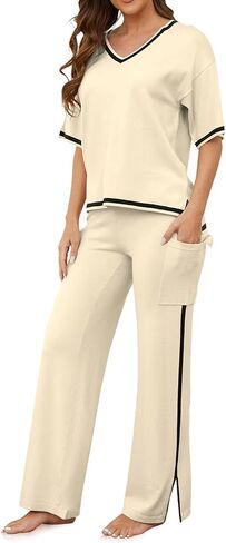 Casei Sweater Sets Women 2 Piece Lounge Sets Short Sleeve Knit Pullover Tops High Waist Wide Leg Pants with 2 Pockets in Kuwait