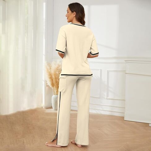 Casei Sweater Sets Women 2 Piece Lounge Sets Short Sleeve Knit Pullover Tops High Waist Wide Leg Pants with 2 Pockets in Kuwait