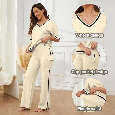 Casei Sweater Sets Women 2 Piece Lounge Sets Short Sleeve Knit Pullover Tops High Waist Wide Leg Pants with 2 Pockets in Kuwait