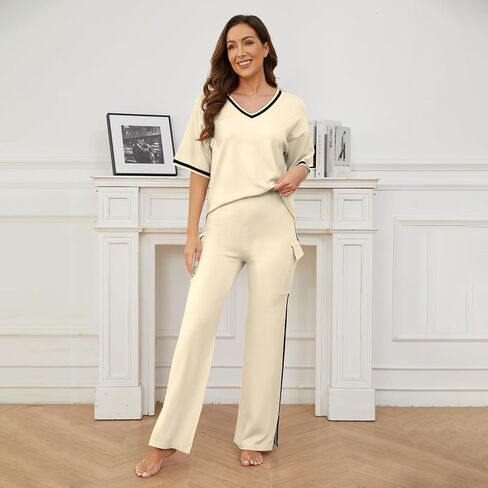 Casei Sweater Sets Women 2 Piece Lounge Sets Short Sleeve Knit Pullover Tops High Waist Wide Leg Pants with 2 Pockets in Kuwait