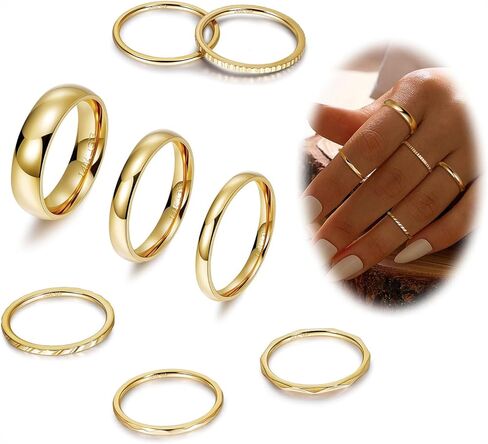 8Pcs 14K Gold Filled Stainless Steel Knuckle Rings Set for Women Girls Plain Band Stacking Rings Simple Smooth Thumb Midi Rings Comfort Fit 1-5mm Size 5-10 in Kuwait
