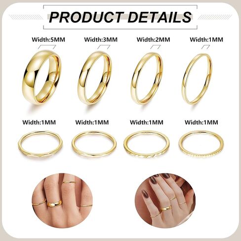 8Pcs 14K Gold Filled Stainless Steel Knuckle Rings Set for Women Girls Plain Band Stacking Rings Simple Smooth Thumb Midi Rings Comfort Fit 1-5mm Size 5-10 in Kuwait