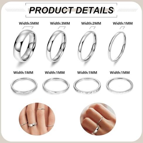 8Pcs 14K Gold Filled Stainless Steel Knuckle Rings Set for Women Girls Plain Band Stacking Rings Simple Smooth Thumb Midi Rings Comfort Fit 1-5mm Size 5-10 in Kuwait