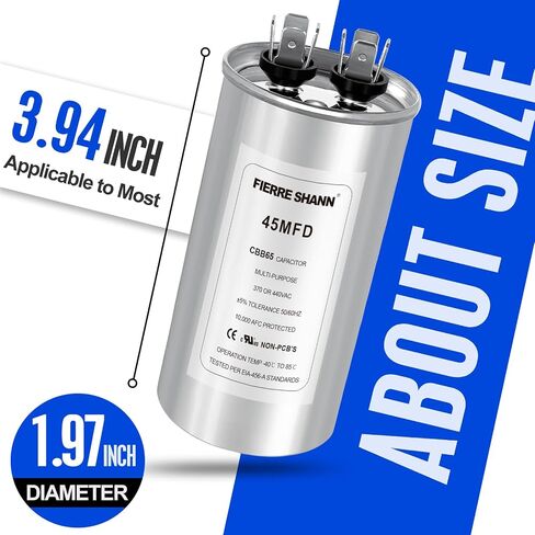 45 uF/MFD Capacitor for AC, 370 or 440 VAC CBB65 Dual Run Round Capacitors for AC Motor Run, Fan Start, Condenser Straight Cool, Heat Pump, Air Conditioner, and Pool Pump in Saudi Arabia