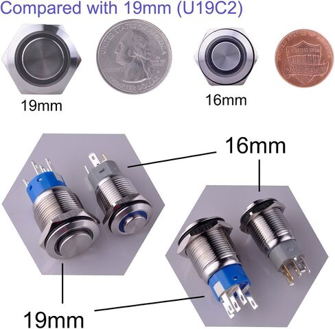 زر ضغط الإغلاق U16F2 1NO1NC SPDT تشغيل/إيقاف غلاف فضي من الفولاذ المقاوم للصدأ مع حلقة LED خضراء مناسبة لفتحة تركيب 16 مم 5/8 بوصة (أخضر) in Kuwait
