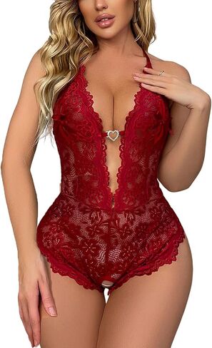 Women's Sexy Lingerie One Piece Women Deep V Teddy Floral Lace Bodysuit Babydoll(M, Bow Ties Red) in Kuwait