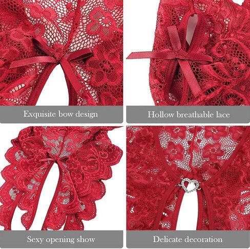 Women's Sexy Lingerie One Piece Women Deep V Teddy Floral Lace Bodysuit Babydoll(M, Bow Ties Red) in Kuwait