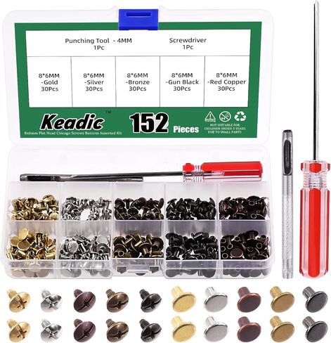 Keadic 302 قطعة 5 ألوان معدنية شيكاغو مسامير ربط المسامير مجموعة متنوعة مع أداة الإعداد، 8 * 6 مم رأس مسطح مستدير مشقوق مسامير أعمدة أزرار مسامير مسامير ترصيع لألبومات جلدية سجل القصاصات in Saudi Arabia
