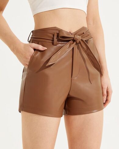 Leather Shorts for Women High Waisted Faux Leather Shorts with Tie in Saudi Arabia