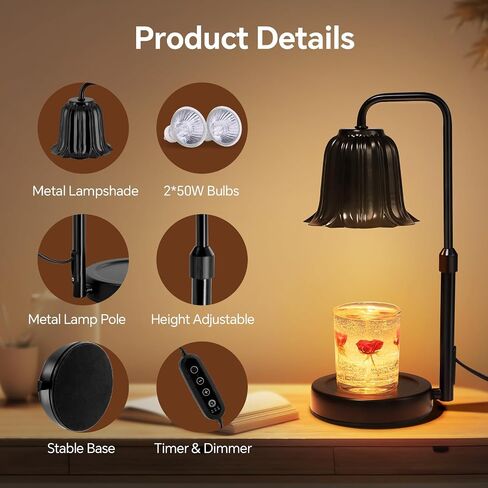Candle Warmer Lamp with Timer: Electric Candle Lamp with Adjustable Height - Heat Candle Wax Melts Warmer with 2 Bulbs Dimmer for Home Bedroom Decor, Warm Gifts for Men Women in Saudi Arabia