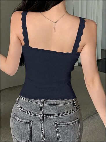 SHENHE Women's Summer Lace Ribbed Knit Button Front Cami Crop Top Sexy Camisole in Saudi Arabia