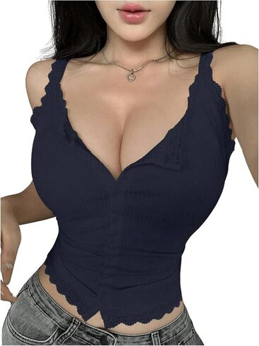 SHENHE Women's Summer Lace Ribbed Knit Button Front Cami Crop Top Sexy Camisole in Saudi Arabia