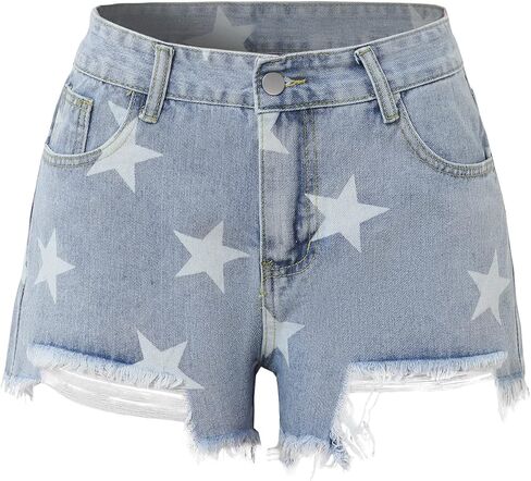 شورت نسائي قصير من قماش الدنيم ذو خصر مرتفع وطباعة نجوم، شورت صيفي كاجوال لطيف من قماش الدنيم الممزق in Kuwait