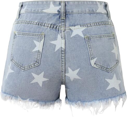 شورت نسائي قصير من قماش الدنيم ذو خصر مرتفع وطباعة نجوم، شورت صيفي كاجوال لطيف من قماش الدنيم الممزق in Kuwait