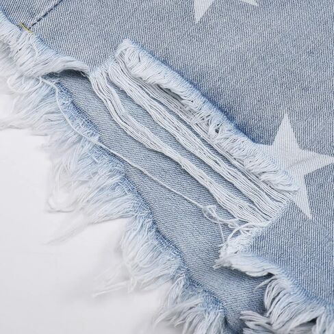 شورت نسائي قصير من قماش الدنيم ذو خصر مرتفع وطباعة نجوم، شورت صيفي كاجوال لطيف من قماش الدنيم الممزق in Kuwait