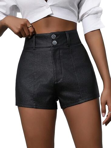 MakeMeChic Women's Casual High Waist Straight Leg PU Leather Look Denim Shorts Zip Fly Button Shorts in Saudi Arabia