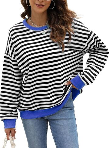 Ladyful Women's Striped Color Block Oversized Sweatshirt Crewneck Long Sleeve Pullover Tops in Saudi Arabia