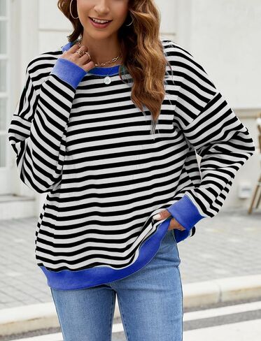 Ladyful Women's Striped Color Block Oversized Sweatshirt Crewneck Long Sleeve Pullover Tops in Saudi Arabia